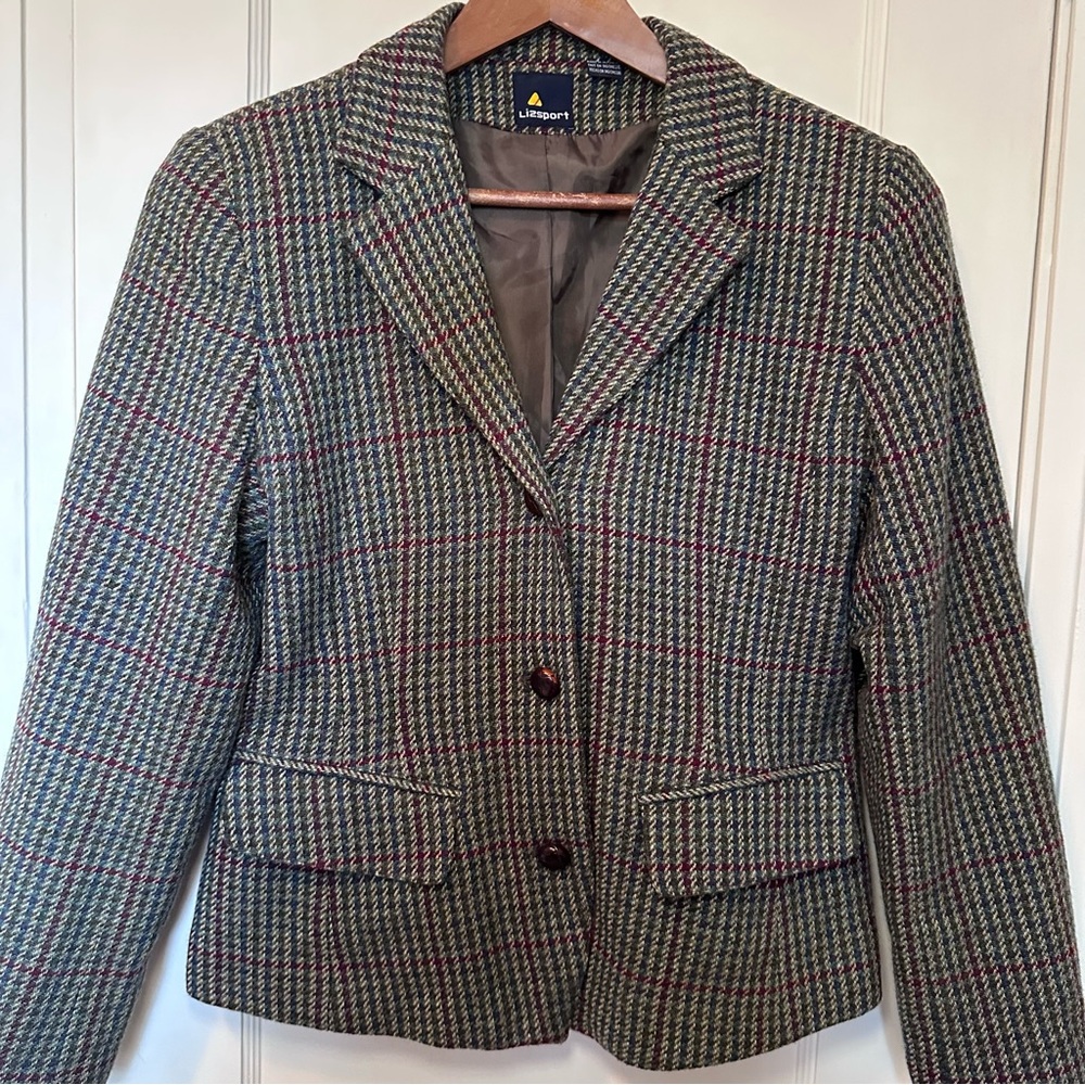 Vintage Lizsport Plaid Wool Three-Button Lined Blazer, Preppy, Collegiate